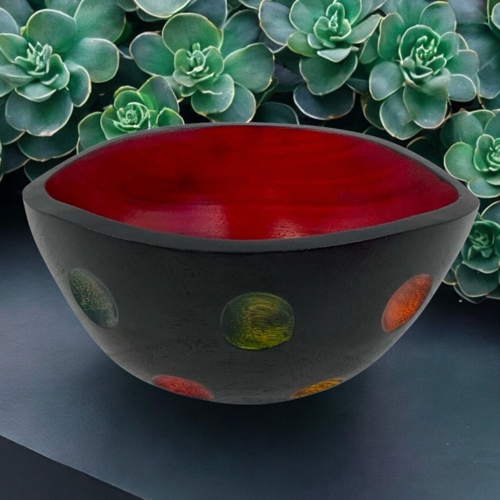 Hand Carved Wood Bowl Decor, Hand Painted Black, Red And Muti-colored Polka Dots - Picture 5 of 8